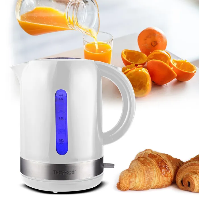 Bouilloire Techwood Blanc 1,7L Sans Fil, Socle 360°, Inox, Arrêt Automatique & Protection Thermique – TB-1771