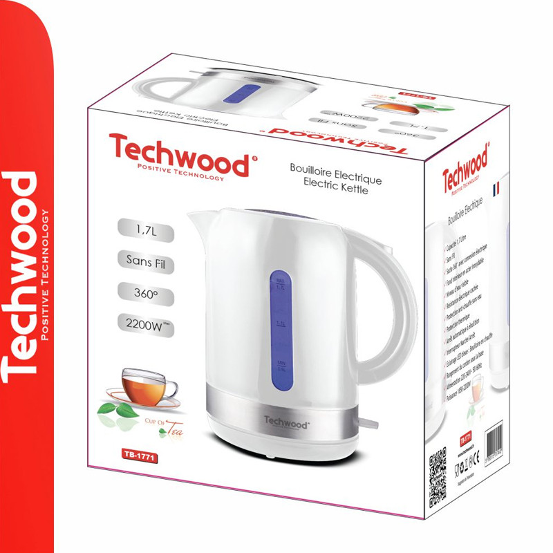 Bouilloire Techwood Blanc 1,7L Sans Fil, Socle 360°, Inox, Arrêt Automatique & Protection Thermique – TB-1771
