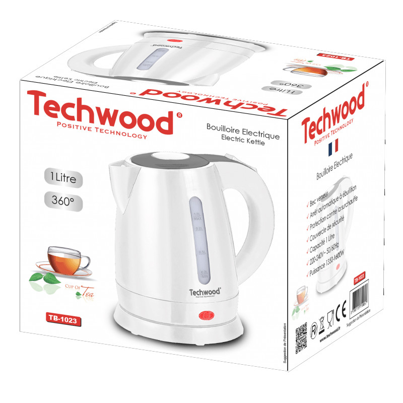 Bouilloire Techwood Blanc 1L, Arrêt Automatique & Protection Surchauffe, Couvercle Sécurité – TB-1023
