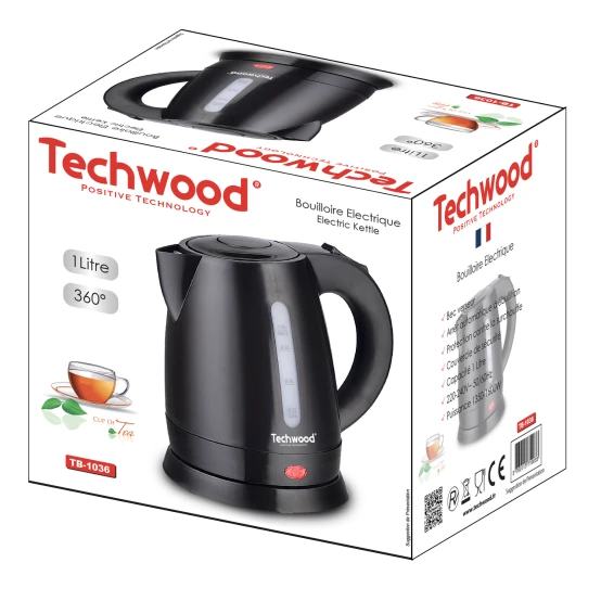 Bouilloire Techwood Noir 1L, Arrêt Automatique & Protection Surchauffe, Couvercle Sécurité – TB-1036