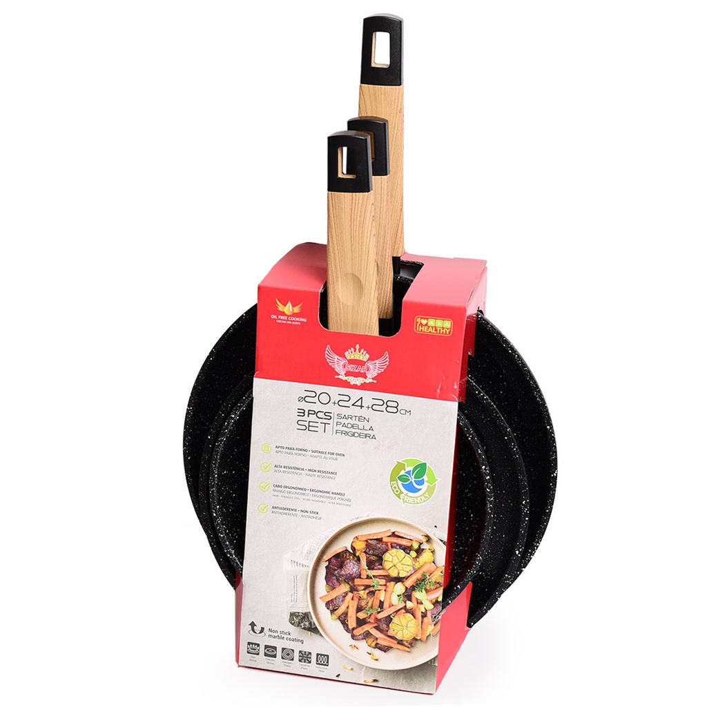 Set De 3 Poêles Granite Sizar Noir 20 , 24 et 28Cm