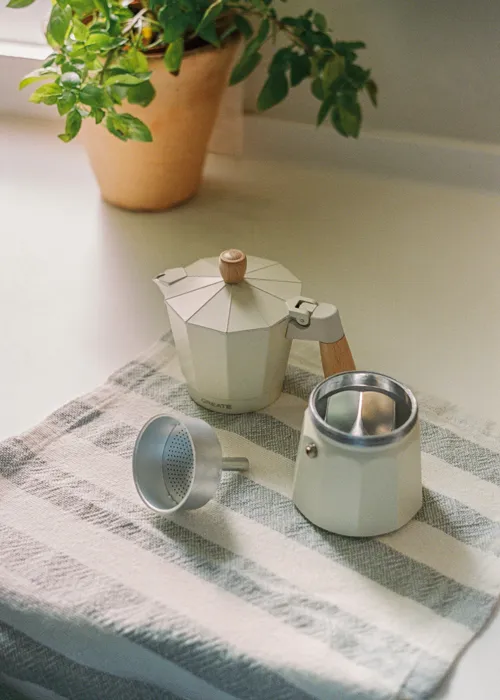 Cafetière italienne Moka En Aluminium 3 Tasses Blanc avec Poignée effet Bois