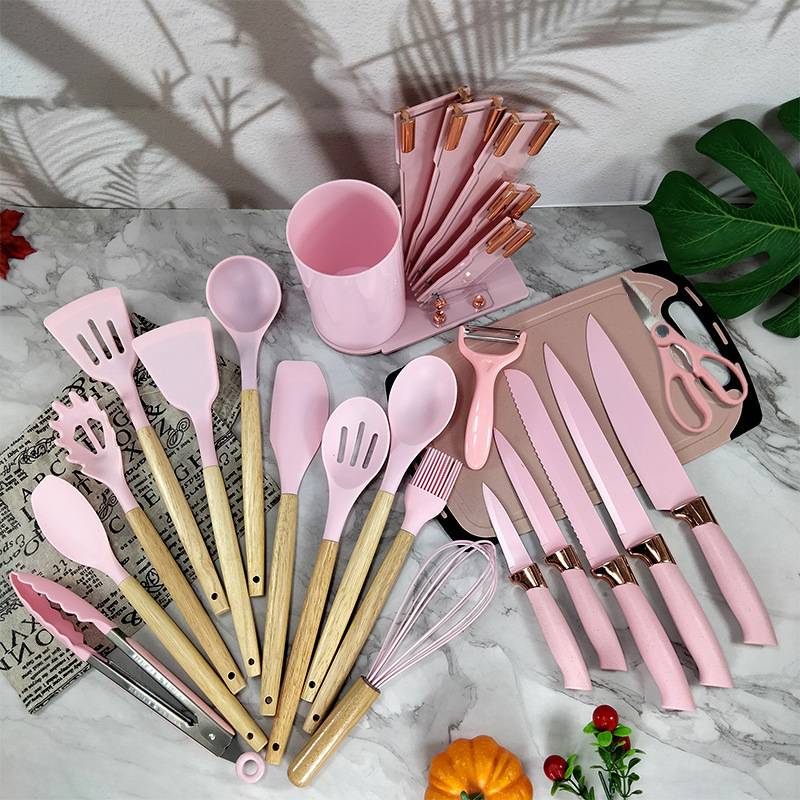 Ensemble D’ustensiles De Cuisine En Silicone 19 Pièces Rose