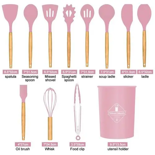Set D'ustensiles De Cuisine 12 Pièces En Silicone Rose 