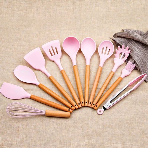 Set D'ustensiles De Cuisine 12 Pièces En Silicone Rose 