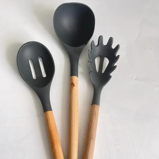 Set D'ustensiles De Cuisine 12 Pièces En Silicone Gris Charbon