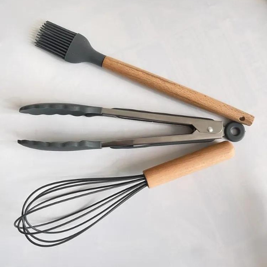 Set D'ustensiles De Cuisine 12 Pièces En Silicone Gris Charbon