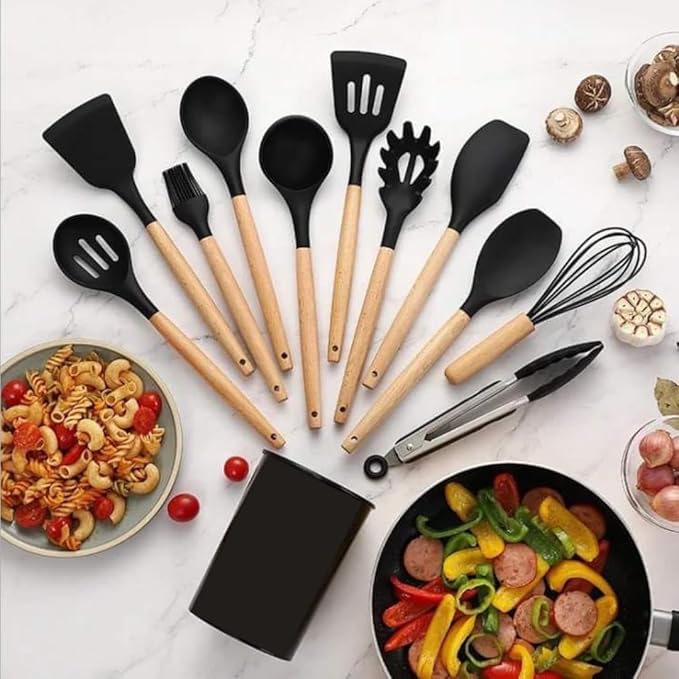 Set D'ustensiles De Cuisine 12 Pièces En Silicone Noir 