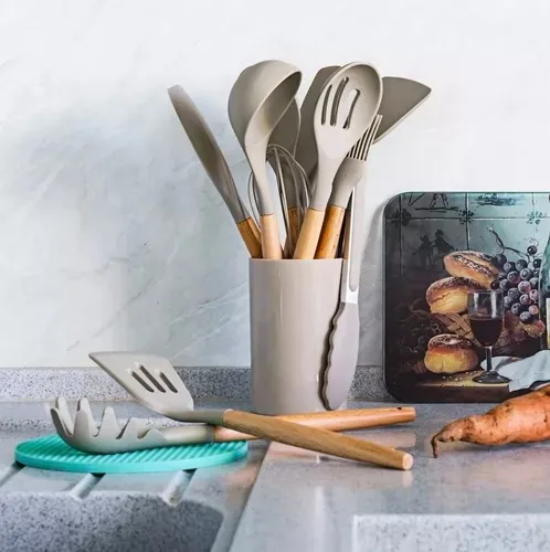 Set D'ustensiles De Cuisine 12 Pièces En Silicone Beige 