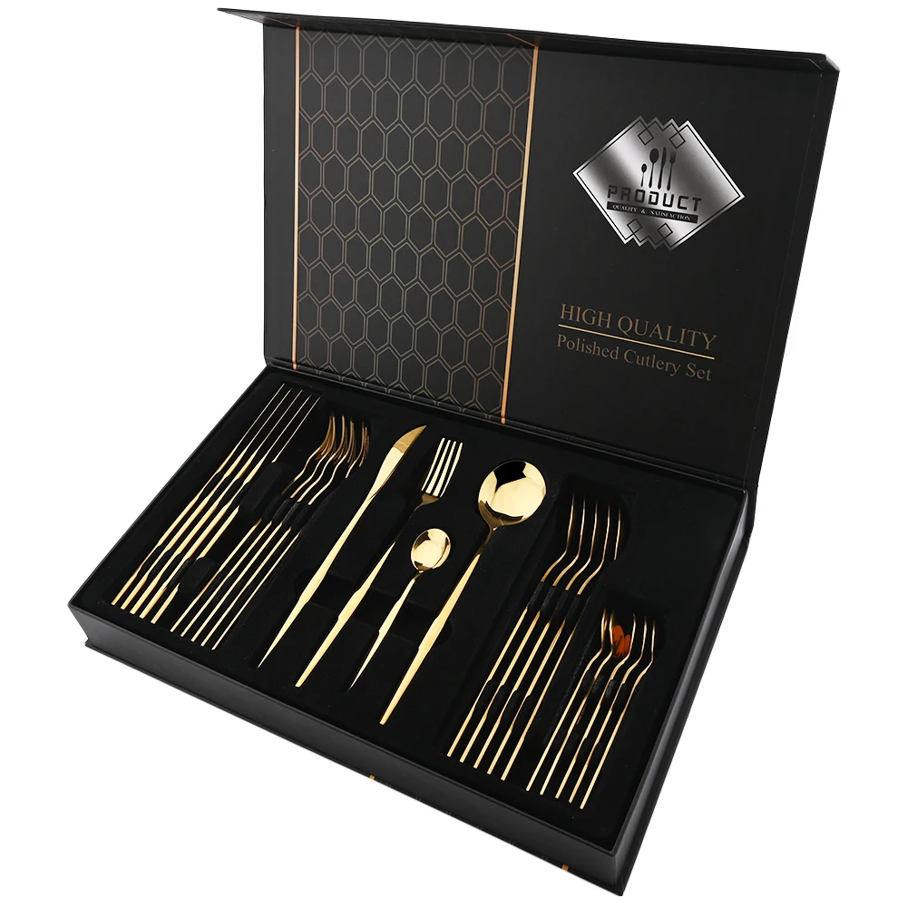 Coffret Ménagère 24 Pièces En Acier Inoxydable Doré