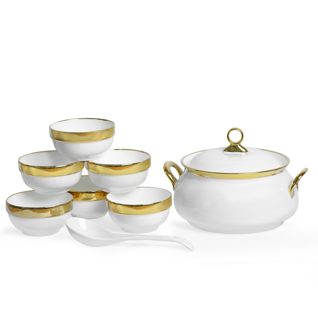 Service a Soupe En Porcelaine Blanc & Doré Avec Cuiellere
