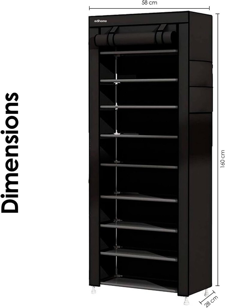 Armoire Chaussures Mobile à 8 niveaux - Noir- 58x30x158 