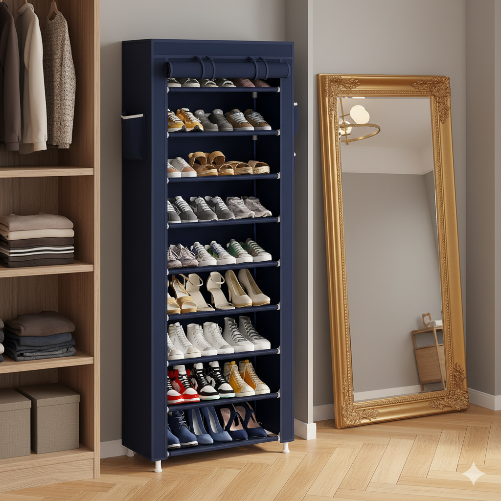 Armoire Chaussures Mobile à 9 niveaux - Bleu - 58x30x158