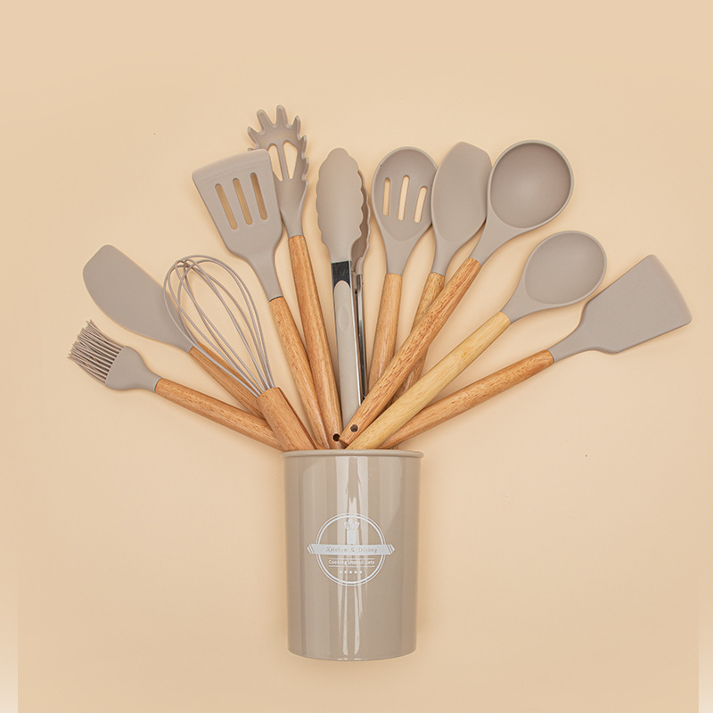 Set D'ustensiles De Cuisine 12 Pièces En Silicone Beige