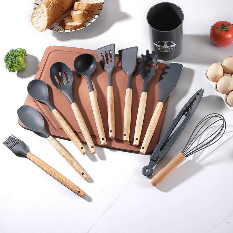 Set D'ustensiles De Cuisine 12 Pièces En Silicone Gris