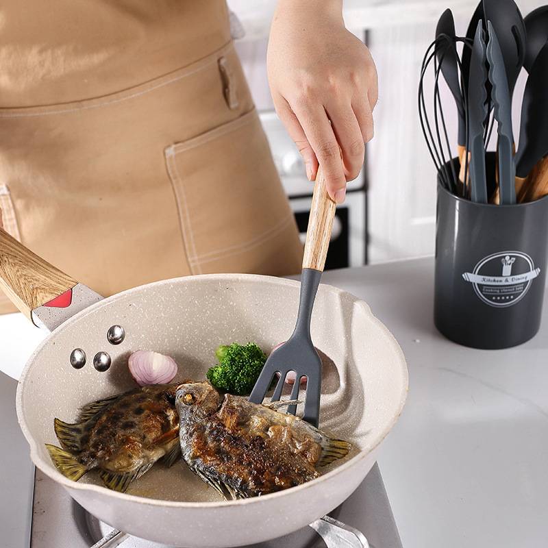 Set D'ustensiles De Cuisine 12 Pièces En Silicone Gris