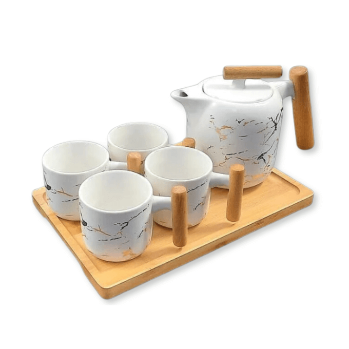 Service à Café Au Lait En Céramique Blanc Marbre Pour 4 Personnes - 7 Pièces