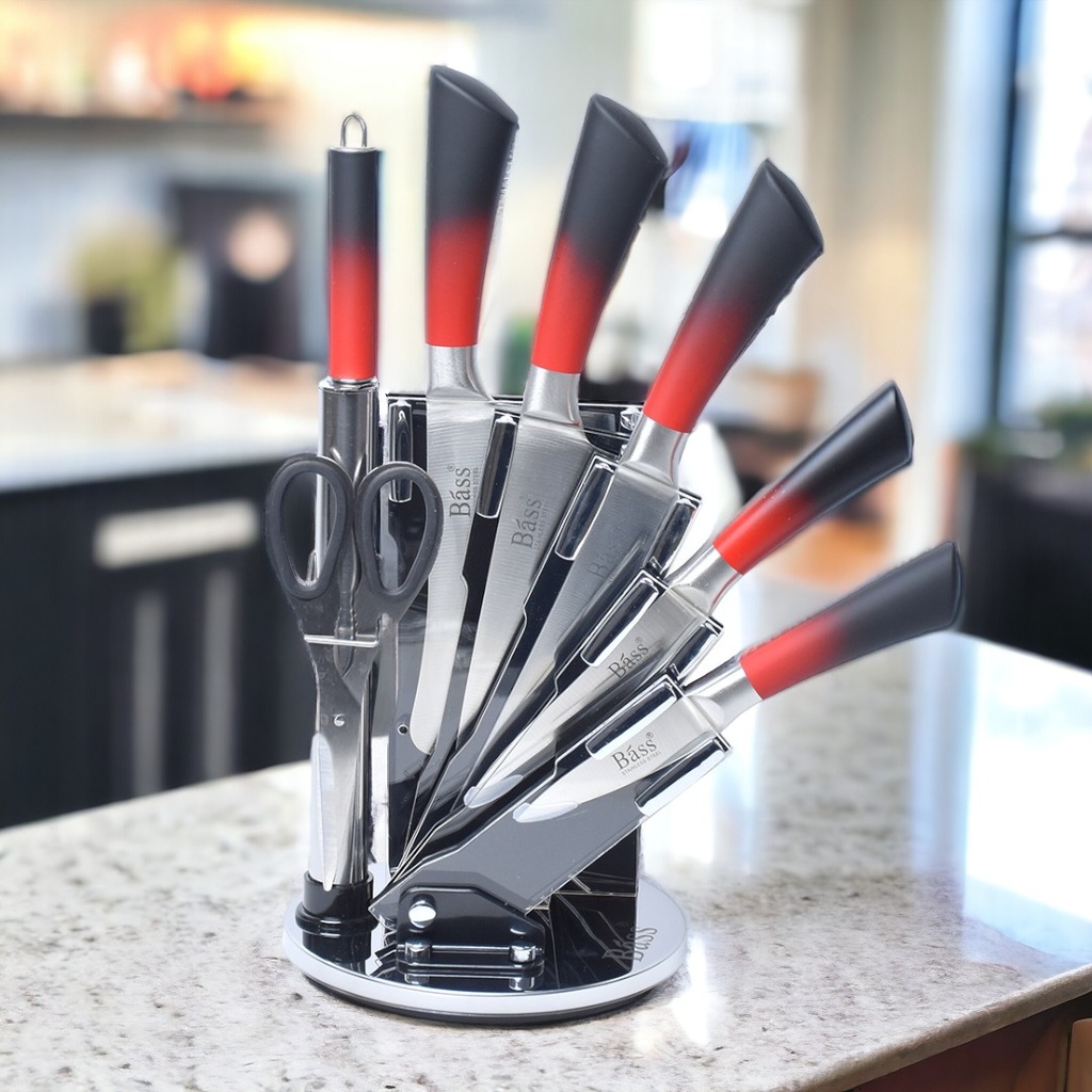 Ensemble 8 Pièces Couteaux Bàss avec Support Tournant - Manche Rouge/Noir 