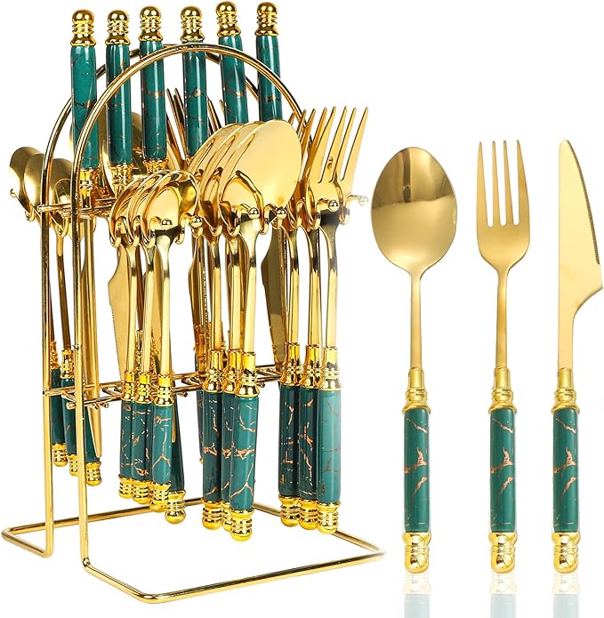 Coffret Ménagère 24 Pièces avec Support doré poignée en Marbre Vert