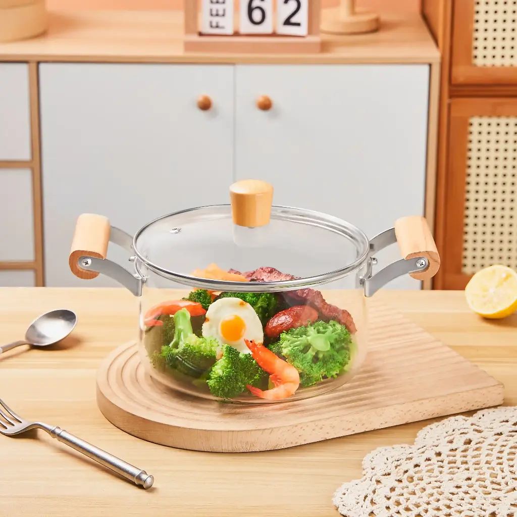 Marmite En Verre Chauffante avec poignée en Bois 3,5L