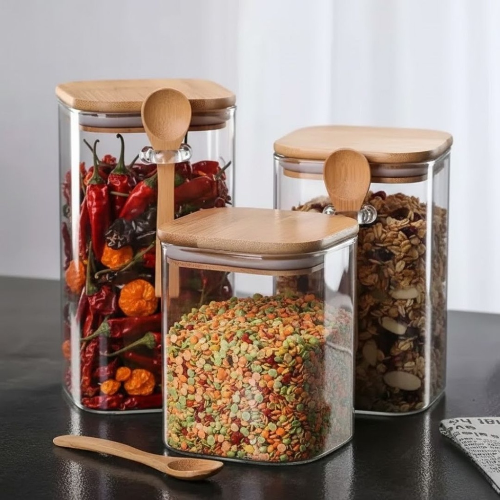 Lot de 3 Boite En verre avec Couvercle en Bois Bambou