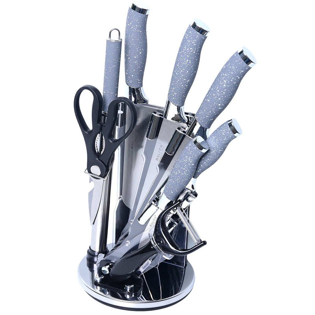 Ensemble 9 Pièces Couteaux Bali Marbré Gris avec Support tournant