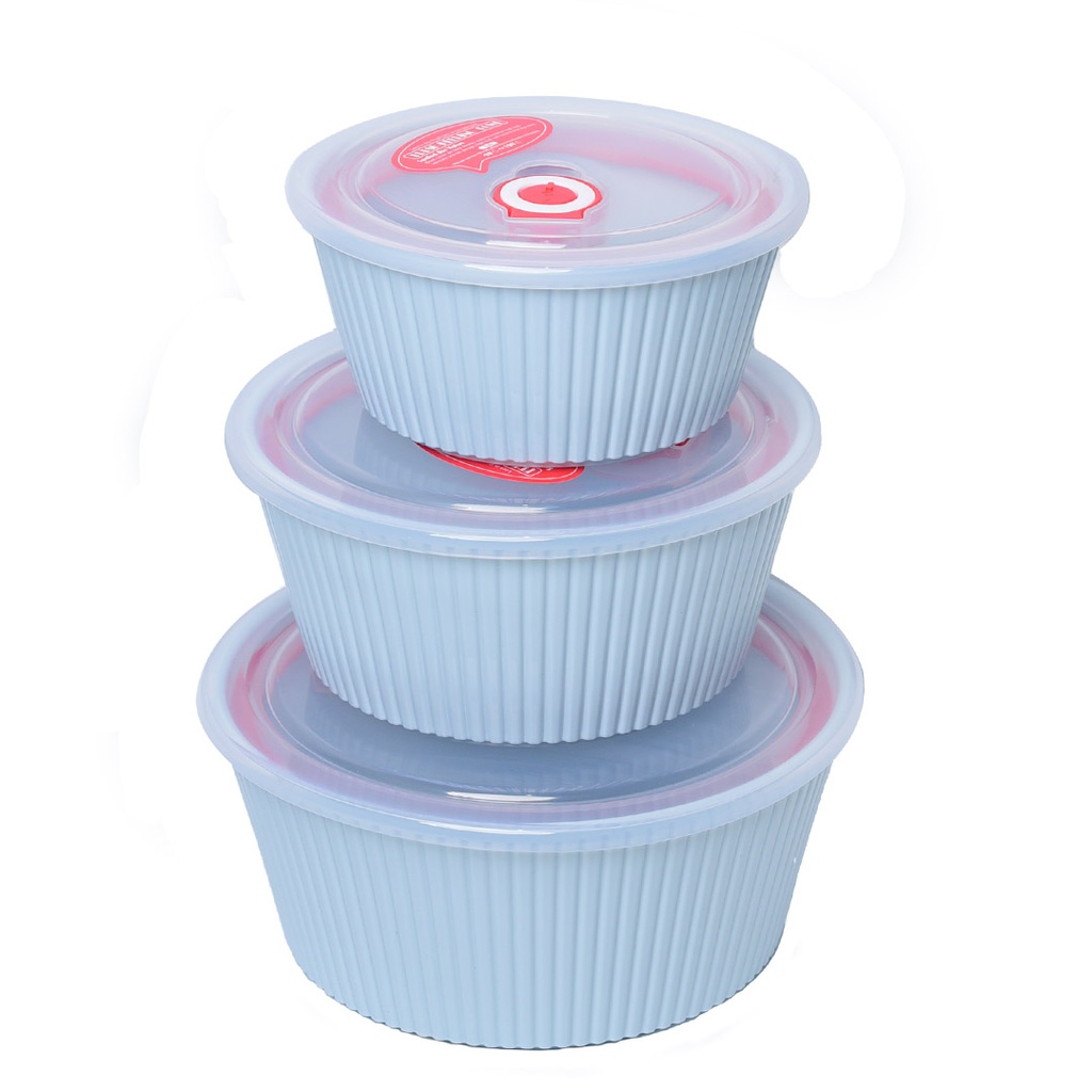 Set de 3 Saladiers En Plastique Avec Couvercle - Bleu Ciel