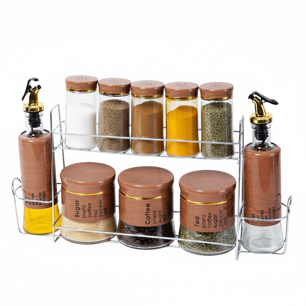 Set Portes Épices 11 Pièces En Verre Avec Support - Effet Bois Marron